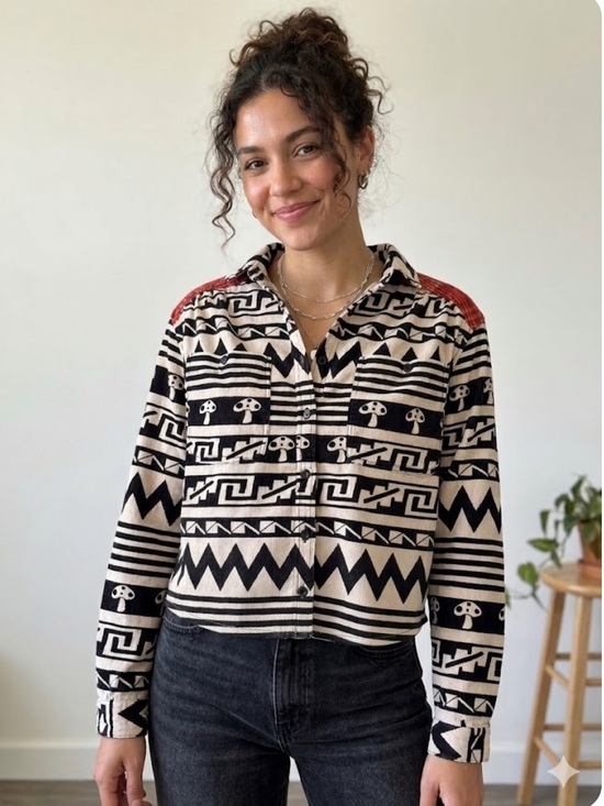BDG Tops - BDG Red Plaid-Lined Top with Black Graphic Detail
